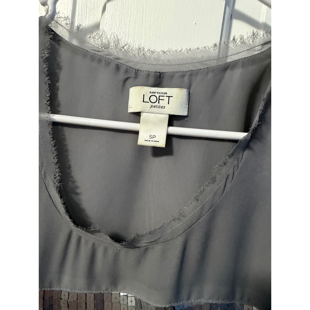 Ann Taylor Loft Sequin Tank Top Womens Gray Fringed Chiffon - Picture 2 of 6